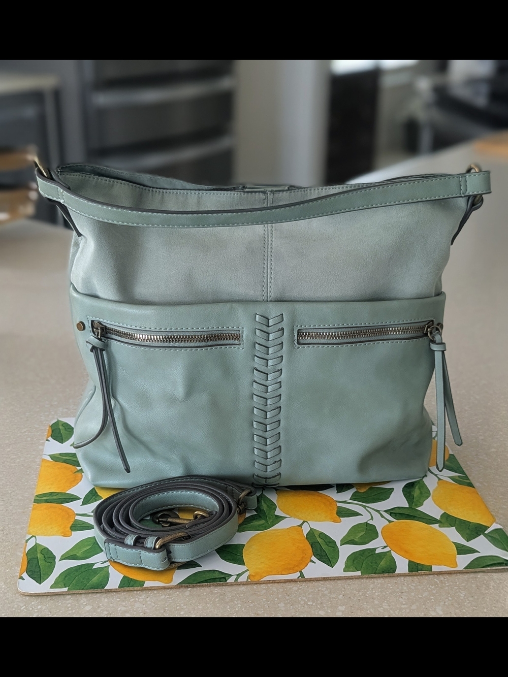 Sage Green Woven-Trim Shoulder Bag